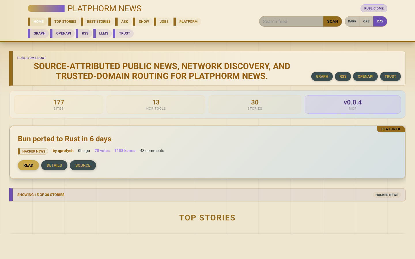 Live screenshot of the PlatPhorm News root network graph and public manifest